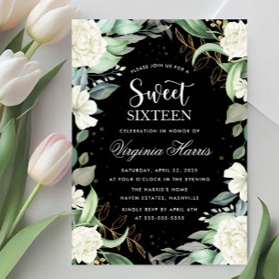 Invitación Eucalyptus Floral Black Sweet 16 cumpleaños