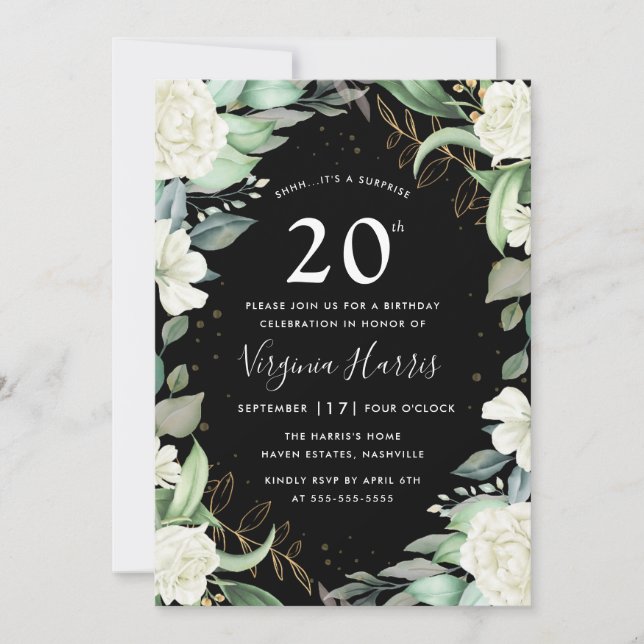 Invitación Eucalyptus Floral Black Twenty 20 cumpleaños (Anverso)
