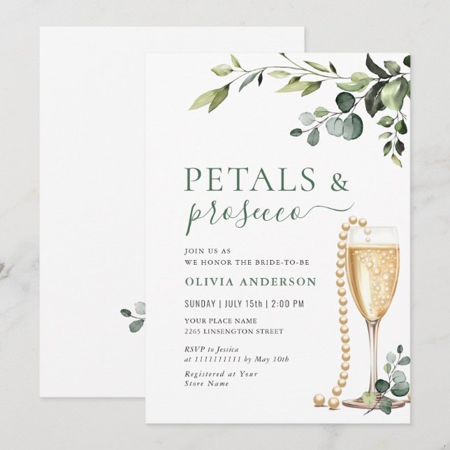Invitación Eucalyptus Floral Bridal Shower PETALS & Prosecco (Anverso / Reverso)