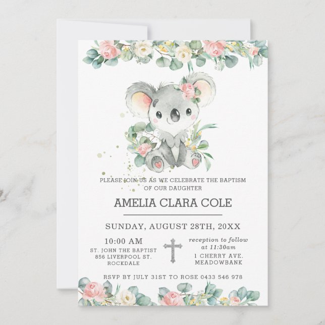 Invitación Eucalyptus Floral Cute Koala Baptism Christening (Anverso)
