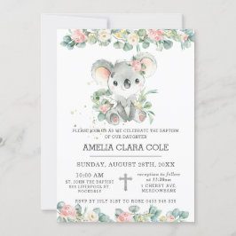 Invitación Eucalyptus Floral Cute Koala Baptism Christening