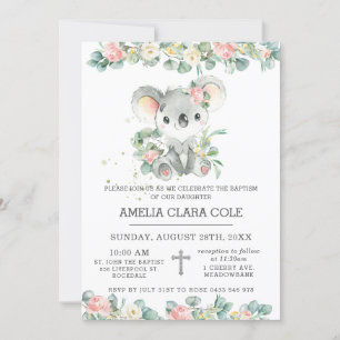Invitación Eucalyptus Floral Cute Koala Baptism Christening