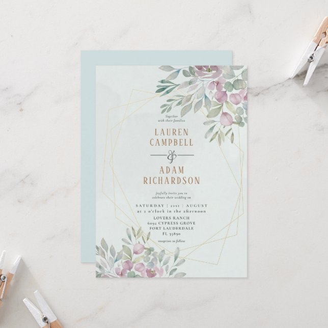 Invitación Eucalyptus floral Geo Lines Sage Green Boda (Anverso/Reverso In Situ)