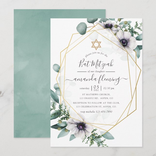 Invitación Eucalyptus Floral Geometric Bat Mitzvah (Anverso / Reverso)