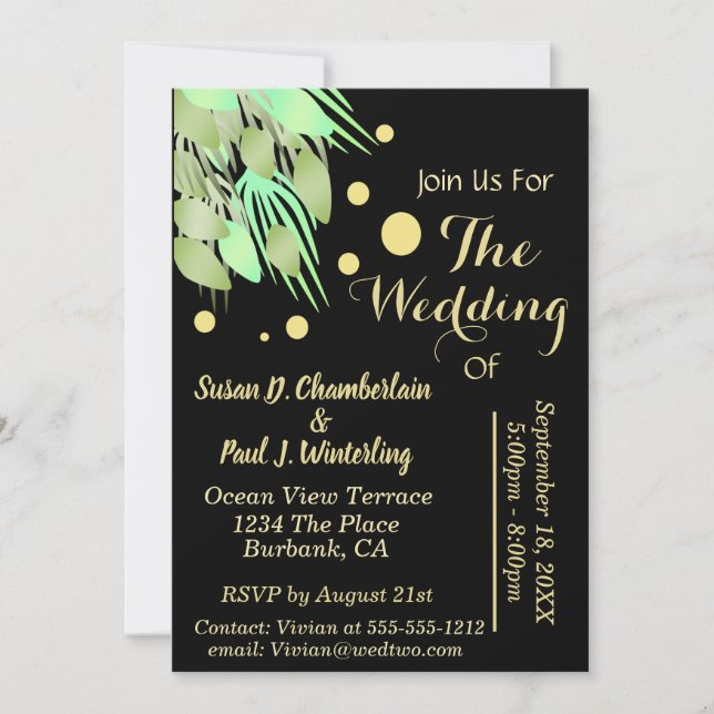 Invitación Eucalyptus floral Greeneration Black & Gold Boda (Anverso)