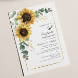 Invitación Eucalyptus Floral Guión de girasol 60 cumpleaños<br><div class="desc">Eucalyptus Sunflower Floral Script 60th Birthday Invitation puede personalizar fácilmente con los detalles de su fiesta haciendo clic en el botón "Personalizar". Con flores y vegetación amarillo brillante suculento con un marco geométrico de Relieve metalizado dorado y tipografía moderna</div>