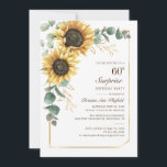 Invitación Eucalyptus Floral Guión de girasol 60 cumpleaños<br><div class="desc">Eucalyptus Sunflower Floral Script 60th Birthday Invitation puede personalizar fácilmente con los detalles de su fiesta haciendo clic en el botón "Personalizar". Con flores y vegetación amarillo brillante suculento con un marco geométrico de Relieve metalizado dorado y tipografía moderna</div>
