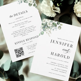 Invitación Eucalyptus Floral Llanura mínima en un solo Boda