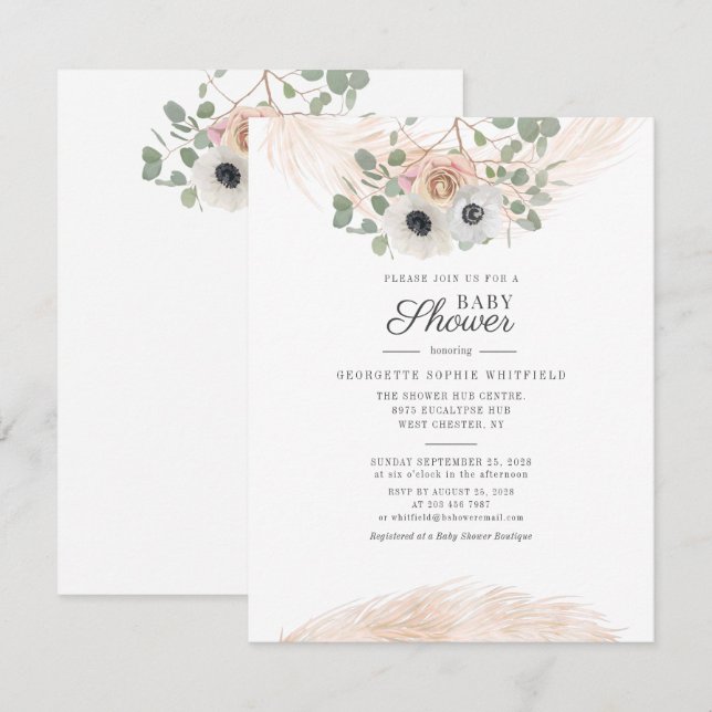 Invitación Eucalyptus Floral Pampas Grasa Script Baby Shower (Anverso / Reverso)