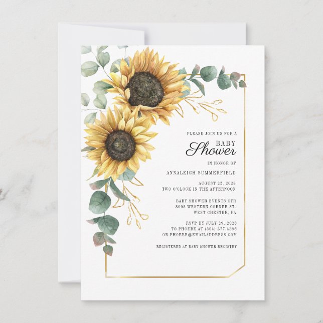 Invitación Eucalyptus Floral Sunflower Script Baby Shower (Anverso)
