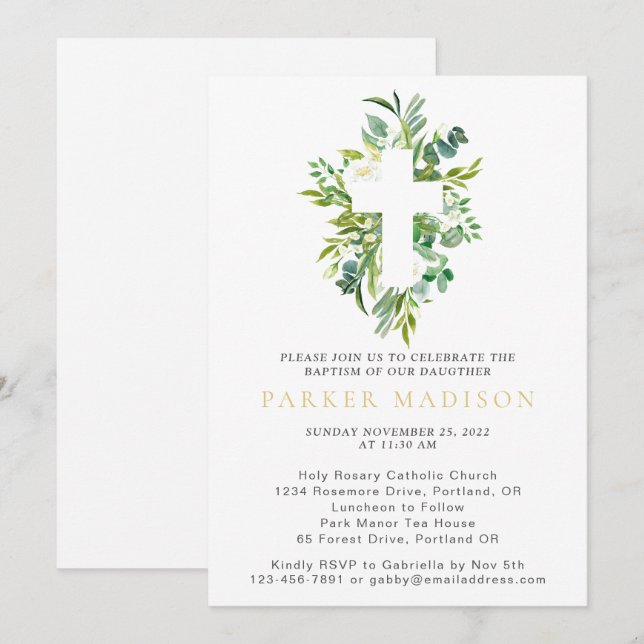 Invitación Eucalyptus Floral Verdes Acuarela Cruce Baptismo (Anverso / Reverso)
