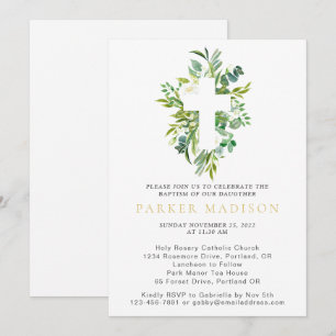 Invitación Eucalyptus Floral Verdes Acuarela Cruce Baptismo