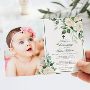 Invitación Eucalyptus Flores Blancas Chica de foto Christenin