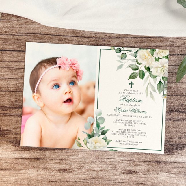 Invitación Eucalyptus Flores Blancas Foto Chica Bautismo (Subido por el creador)