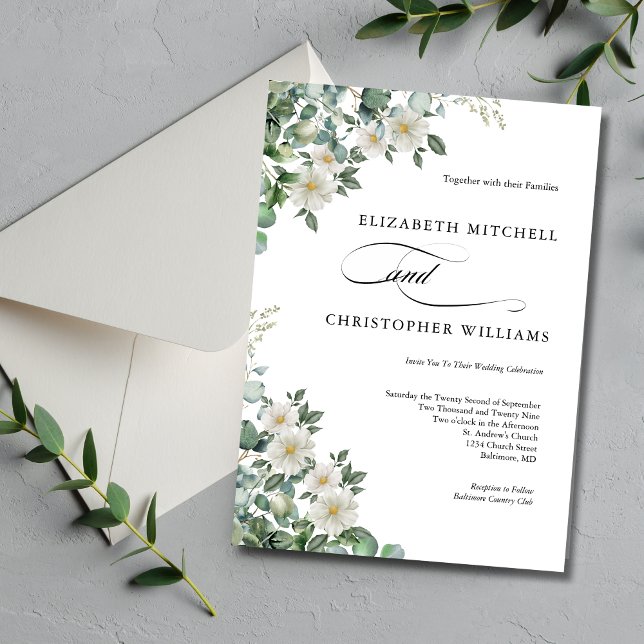 Invitación Eucalyptus Flores Blancas Verdor Elegante Boda (Eucalyptus and White Floral Watercolor Elegant Modern Trendy Wedding Invitation)