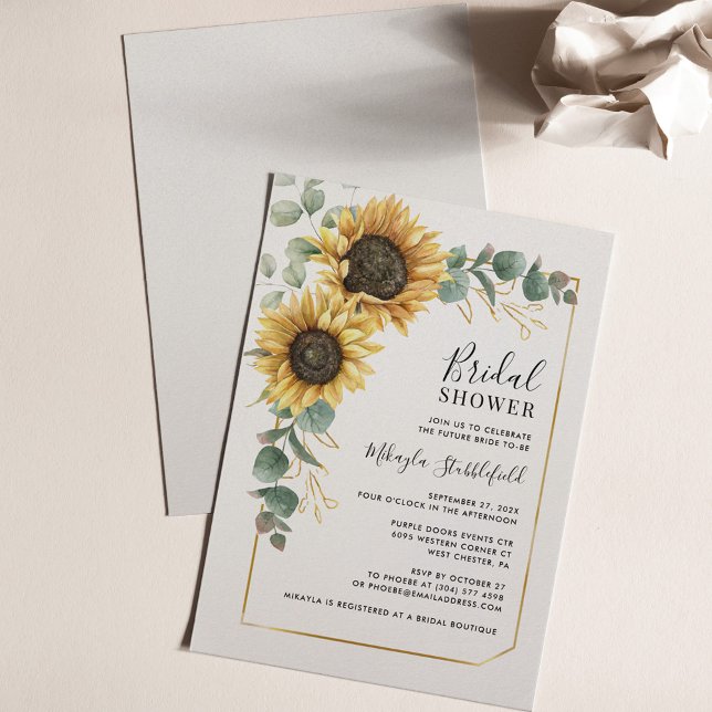 Invitación Eucalyptus Flores de girasol Ducha Bridal (Sunflower Eucalyptus Script Typography Bridal Shower Invitation)