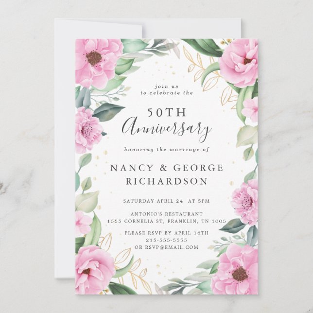 Invitación Eucalyptus Flores Rosadas 50° Aniversario del Boda (Anverso)