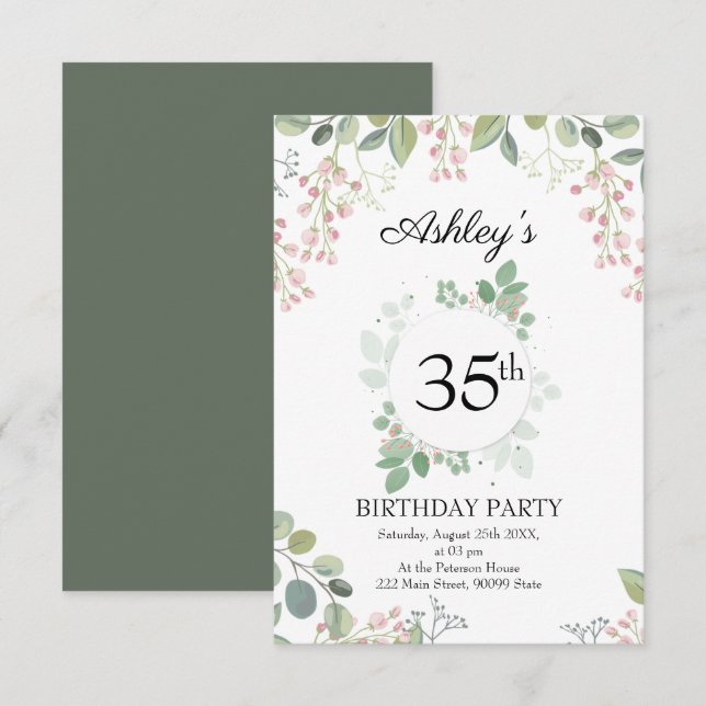 Invitación Eucalyptus Flowers & Wreath Cumpleaños (Anverso / Reverso)