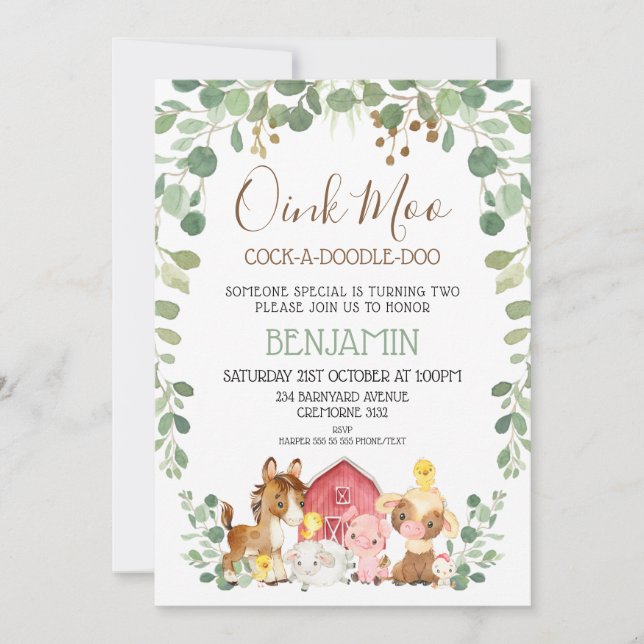 Invitación Eucalyptus Foliage Animales de granja Cumpleaños (Anverso)