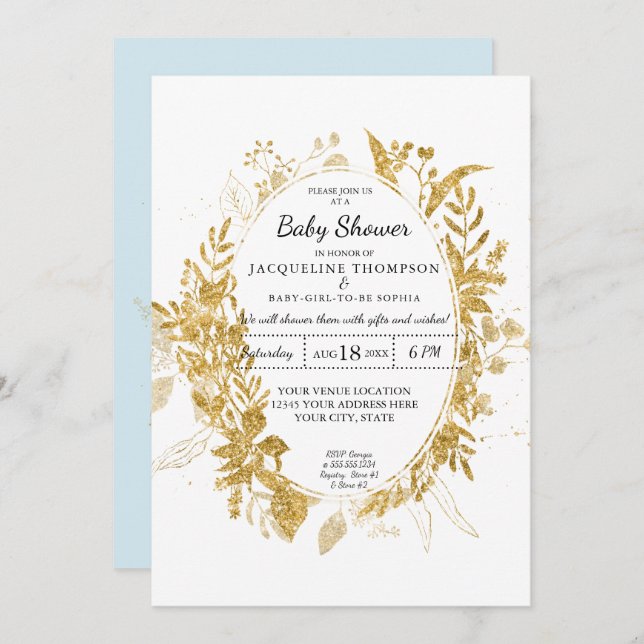 Invitación Eucalyptus Foliage Boy Bebé Azul con Oro (Anverso / Reverso)