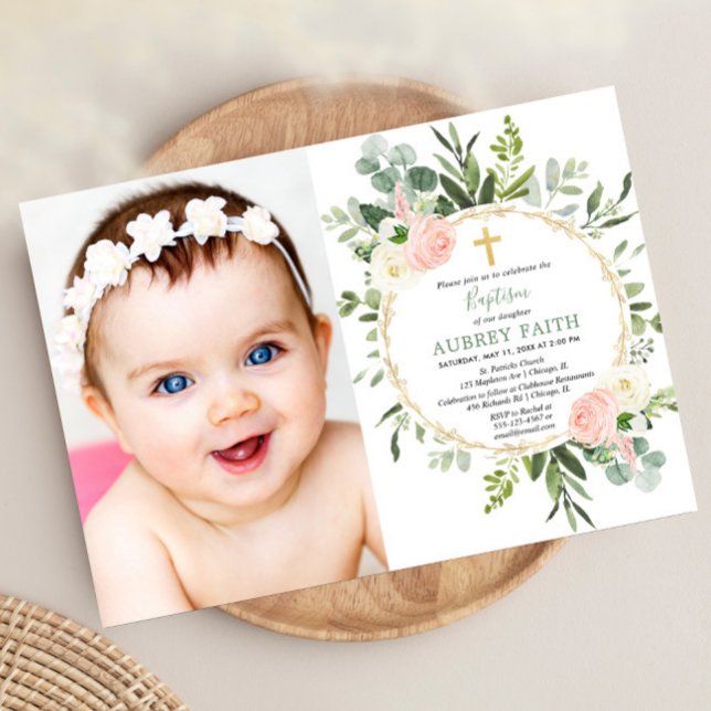 Invitación Eucalyptus foliage chica elegante rosa baptismo fo (Subido por el creador)