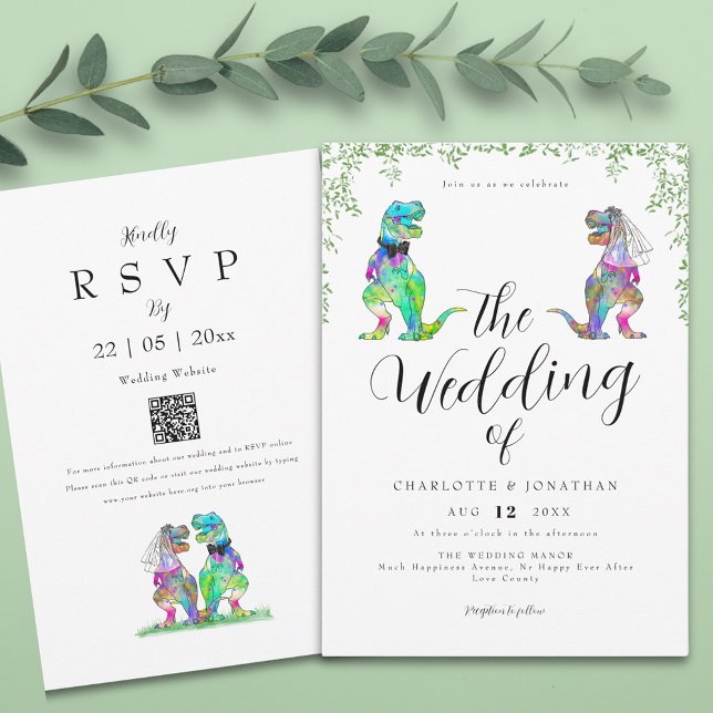 Invitación Eucalyptus Foliage Dinosaur Boda (Elegant botanical dinosaur wedding invitation with qr code)
