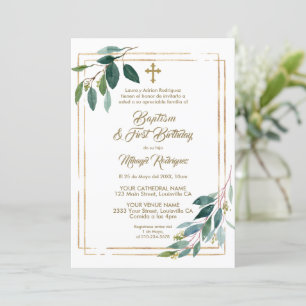 Invitación Eucalyptus Foliage Español Primer Bautismo de Cump