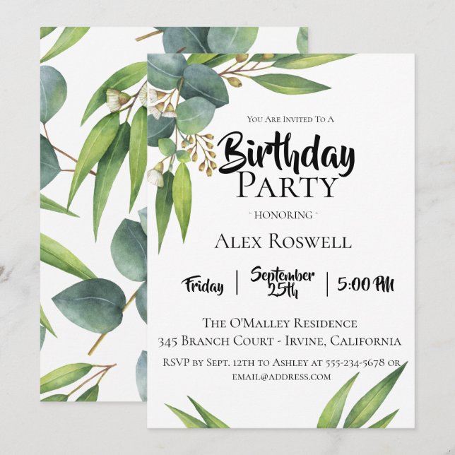 Invitación Eucalyptus Foliage Fiesta de cumpleaños (Anverso / Reverso)