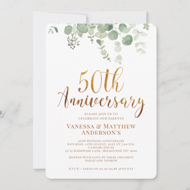 Invitación Eucalyptus Foliage Gold 50 Aniversario (Anverso)