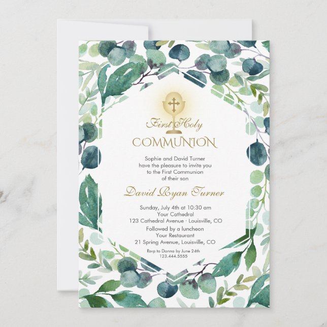 Invitación Eucalyptus Foliage Gold Santa Comunión (Anverso)