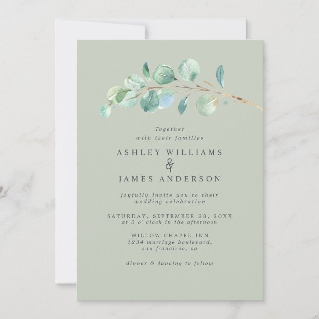 Invitación Eucalyptus Foliage Pastel Boda Verde (Anverso)