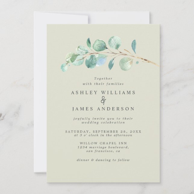 Invitación Eucalyptus Foliage Pastel Boda Verde Inv (Anverso)