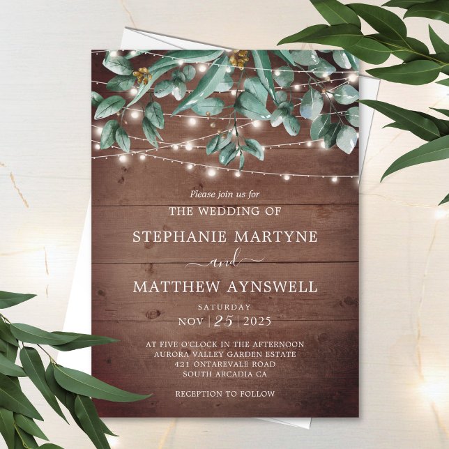 Invitación Eucalyptus Foliage Rústica Luces Boda de Madera (Subido por el creador)