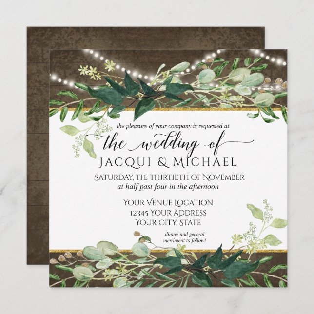 Invitación Eucalyptus Foliage Rústico Ilumina Boda de Vinos (Anverso / Reverso)