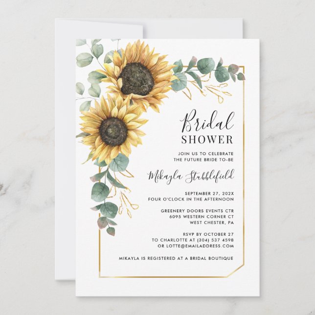 Invitación Eucalyptus Foliage Sunflower Floral Bridal Shower (Anverso)