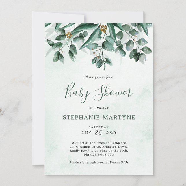 Invitación Eucalyptus Foliage Watercolor Baby Shower (Anverso)