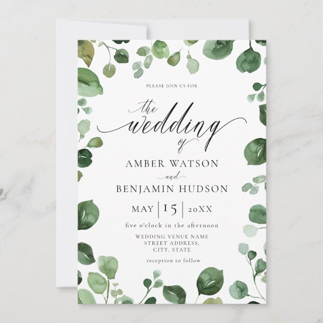 Invitación Eucalyptus Foliage Watercolor Greenera Boda (Anverso)