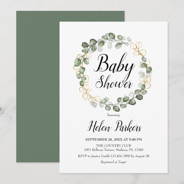 Invitación Eucalyptus Foliage Wreath Baby Shower (Anverso / Reverso)