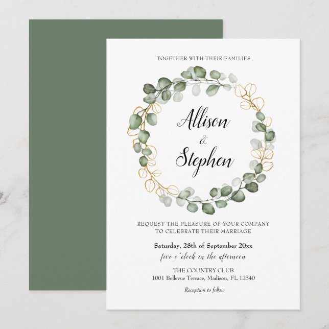 Invitación Eucalyptus Foliage Wreath Boda (Anverso / Reverso)