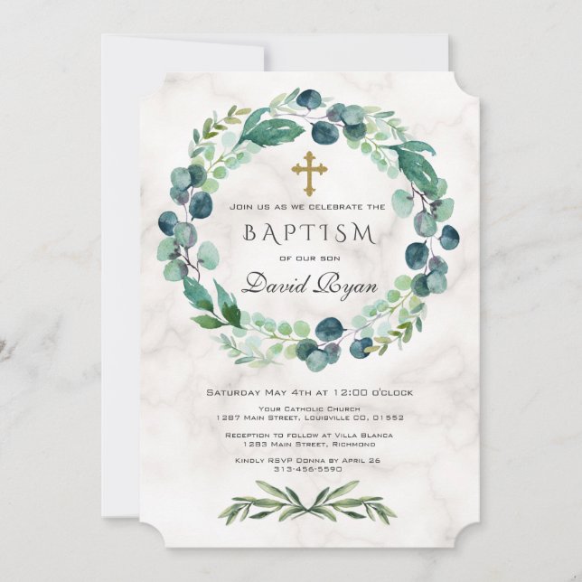 Invitación Eucalyptus Foliage Wreath Cross Marble Boy Baptism (Anverso)