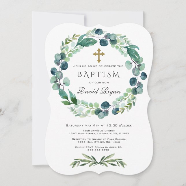 Invitación Eucalyptus Foliage Wreath Gold Cross Boy Baptism (Anverso)