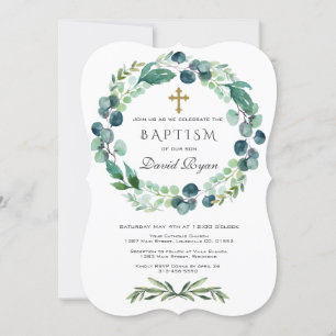 Invitación Eucalyptus Foliage Wreath Gold Cross Boy Baptism