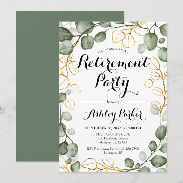 Invitación Eucalyptus Foliage Wreath Retirement Fiesta (Anverso / Reverso)