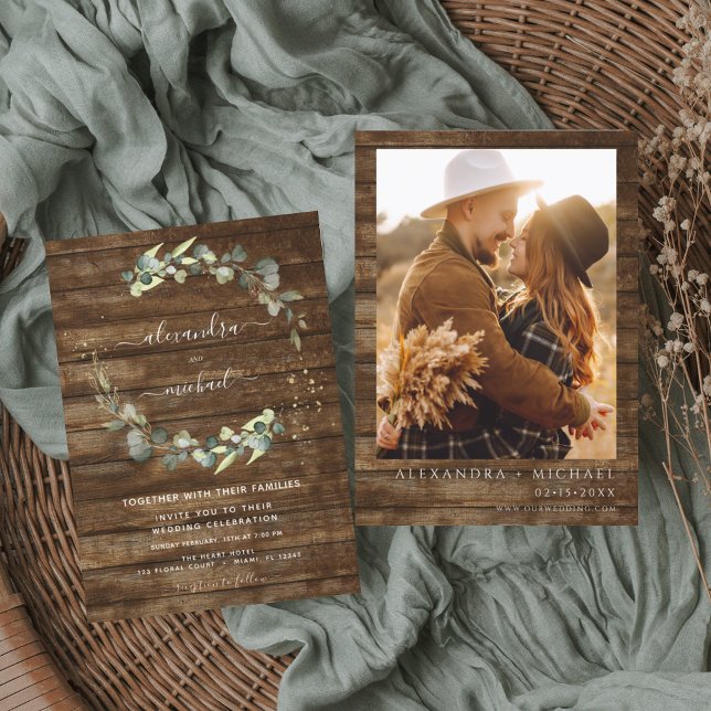 Invitación Eucalyptus Foto Rustic Country Wood Boda (Subido por el creador)
