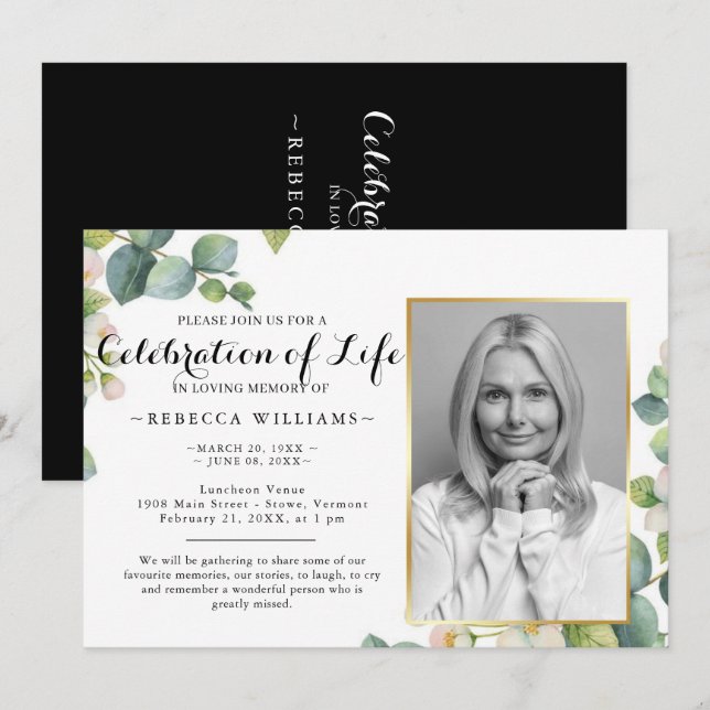 Invitación Eucalyptus Fotomía moderna Celebración de la vida (Anverso / Reverso)