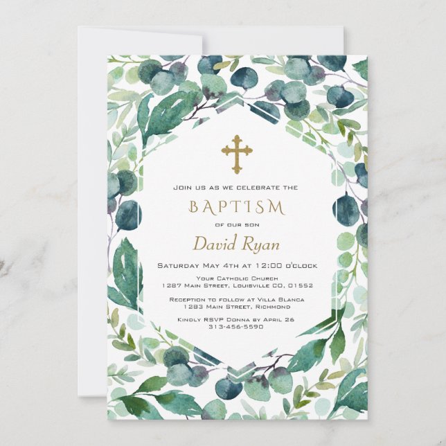 Invitación Eucalyptus Frame Gold Cross Boy Baptismo (Anverso)