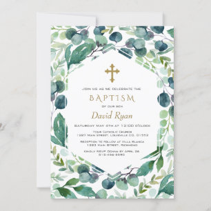 Invitación Eucalyptus Frame Gold Cross Boy Baptismo