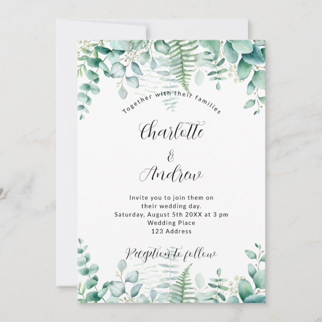 Invitación Eucalyptus geenery woodland helns boda (Anverso)