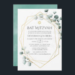 Invitación Eucalyptus Geometric Bat Mitzvah<br><div class="desc">Invitación del murciélago mitzvah del eucalipto de plata del dólar con marco geométrico de oro.</div>