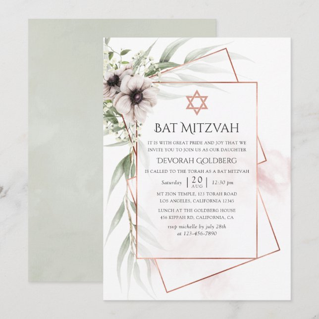 Invitación Eucalyptus Geometric Bat Mitzvah (Anverso / Reverso)